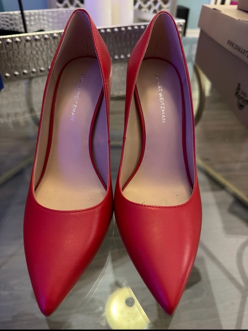 Stuart Weitzman Red Pointed-Toe Leather Pumps - Classic Satin Finish